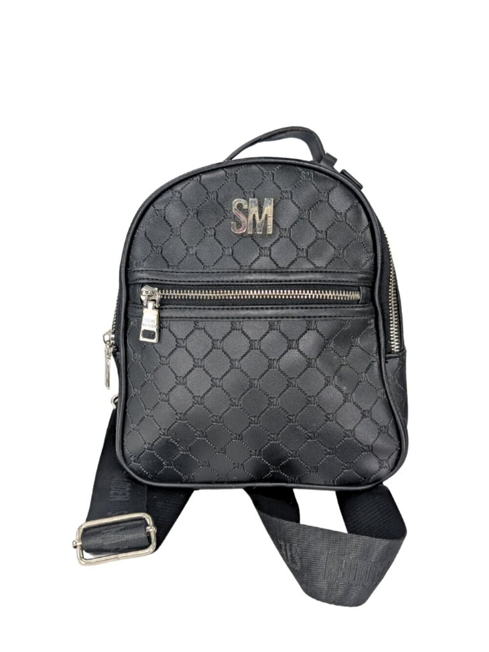 Steve Madden Bblogo Black Faux Leather Signature Embossed Small Moto Backpack